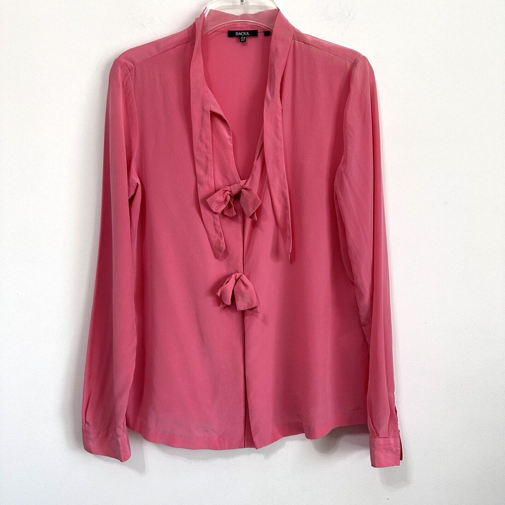 Raoul‎ Silk Blouse 4 Pink Bows Tie Neckline Hidden Button Front Long Sleeve Sexy